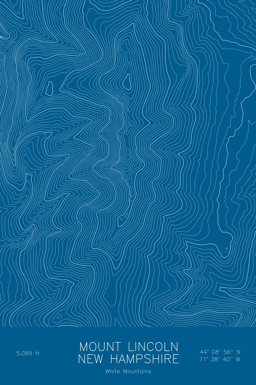 Pen-plotted topographic map of Mount Lincoln, New Hampshire in white ink on blue paper