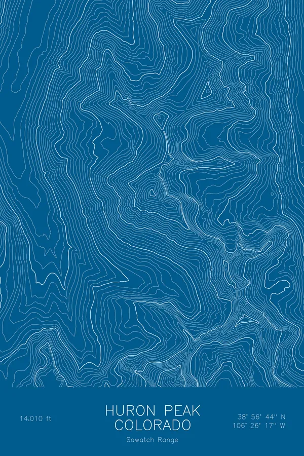 Pen-plotted topographic map of Huron Peak, Colorado in white ink on blue paper