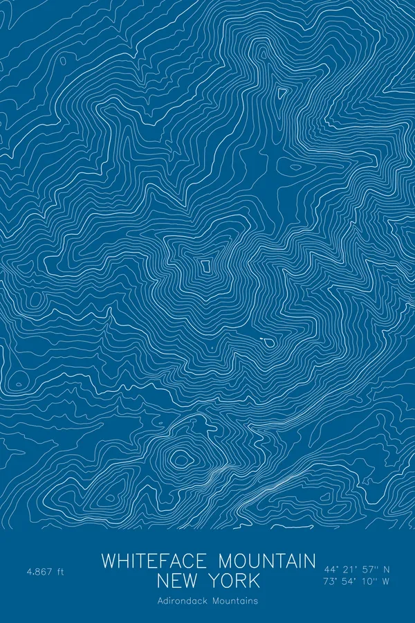 Pen-plotted topographic map of Whiteface Mountain, New York in white ink on blue paper