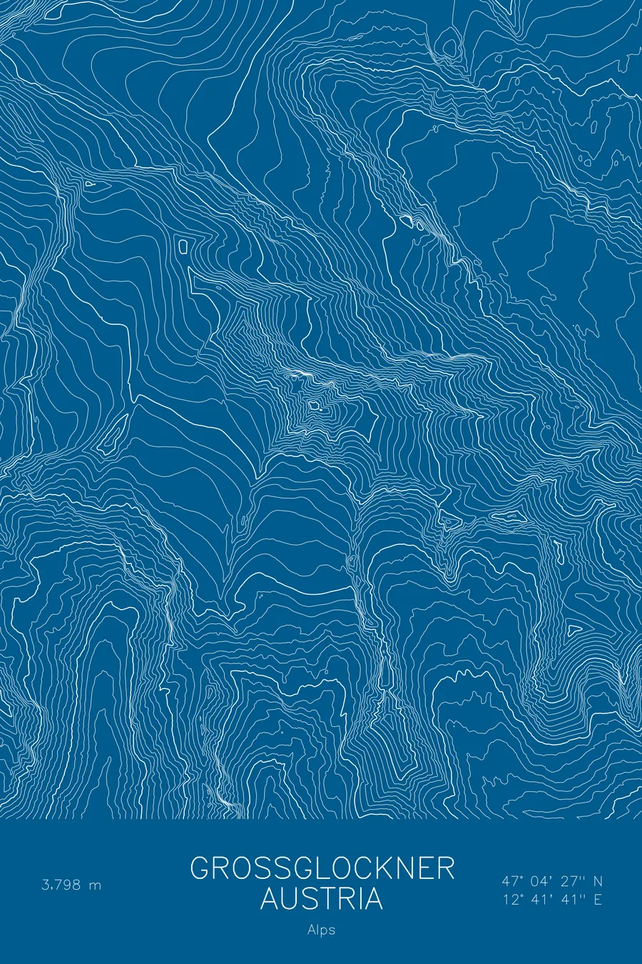 Pen-plotted topographic map of Grossglockner, Austria in white ink on blue paper