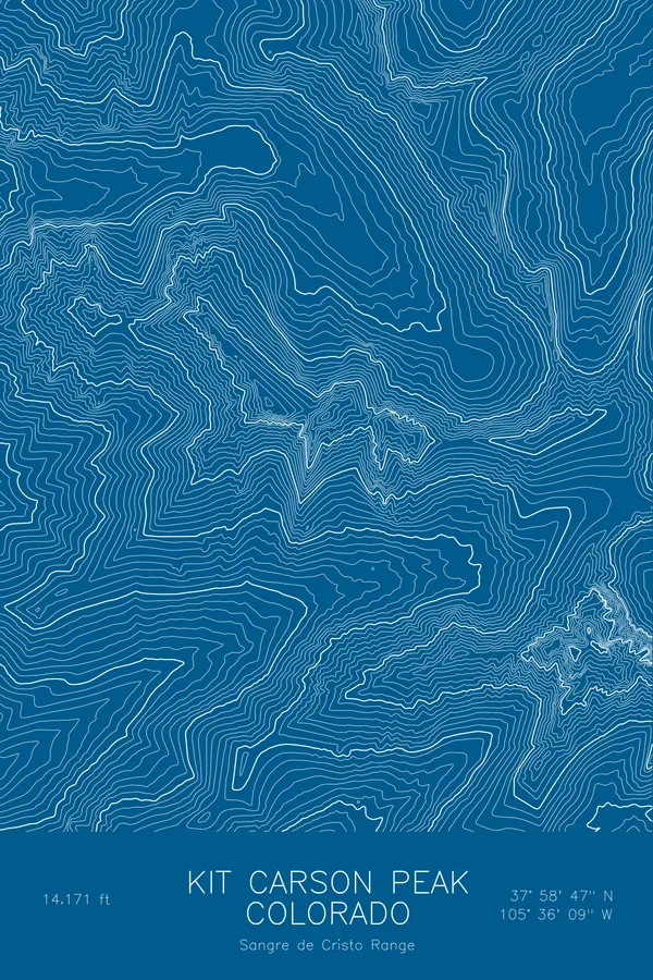 Pen-plotted topographic map of Kit Carson Peak, Colorado in white ink on blue paper