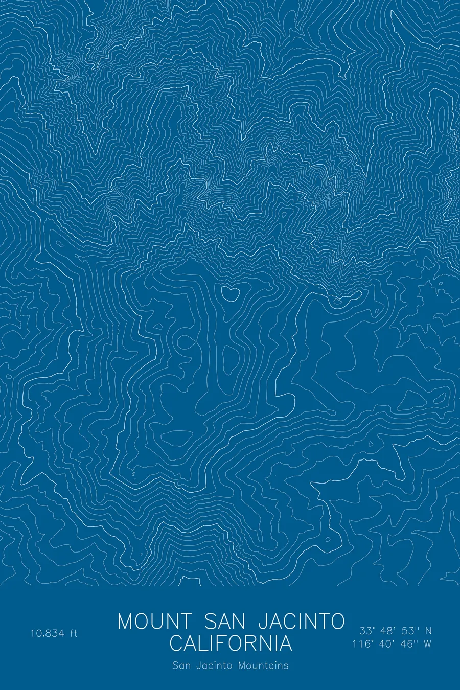 Pen-plotted topographic map of Mount San Jacinto, California in white ink on blue paper