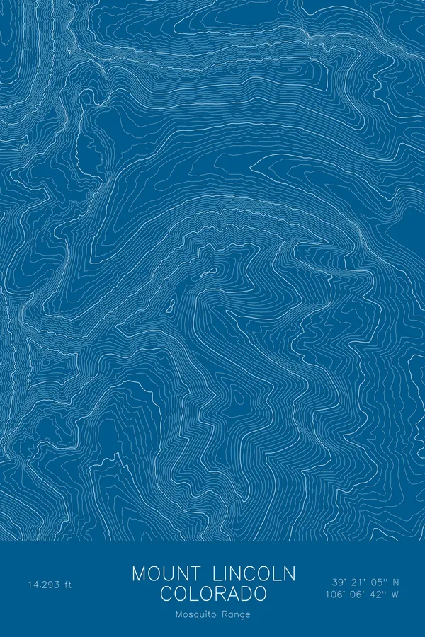 Pen-plotted topographic map of Mount Lincoln, Colorado in white ink on blue paper