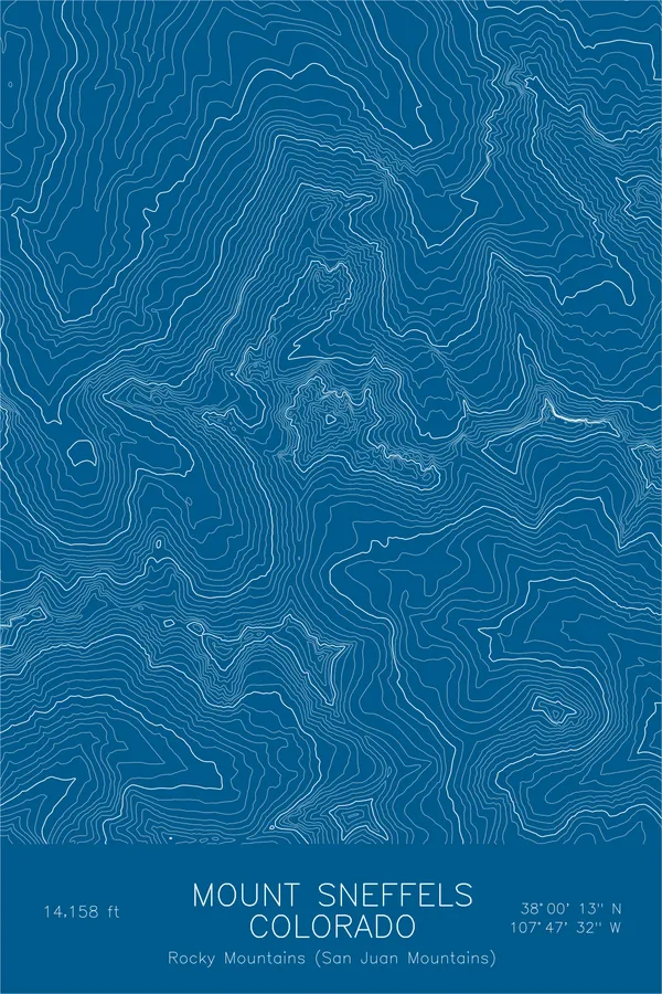 Pen-plotted topographic map of Mount Sneffels, Colorado in white ink on blue paper
