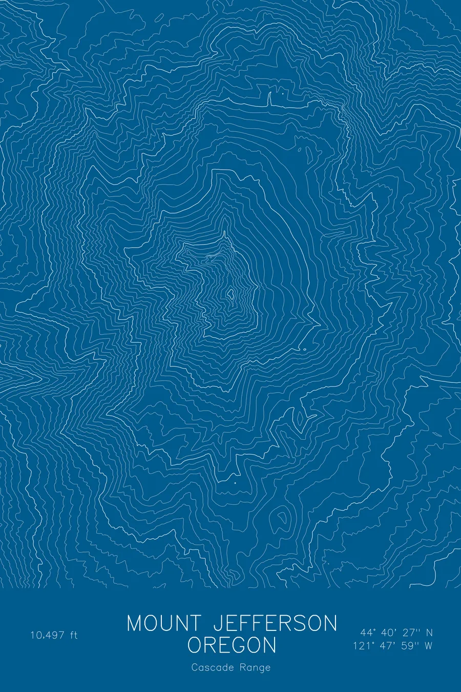 Pen-plotted topographic map of Mount Jefferson, Oregon in white ink on blue paper