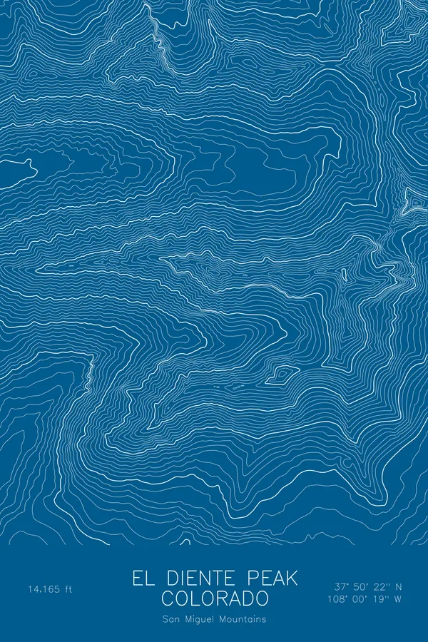 Pen-plotted topographic map of El Diente Peak, Colorado in white ink on blue paper