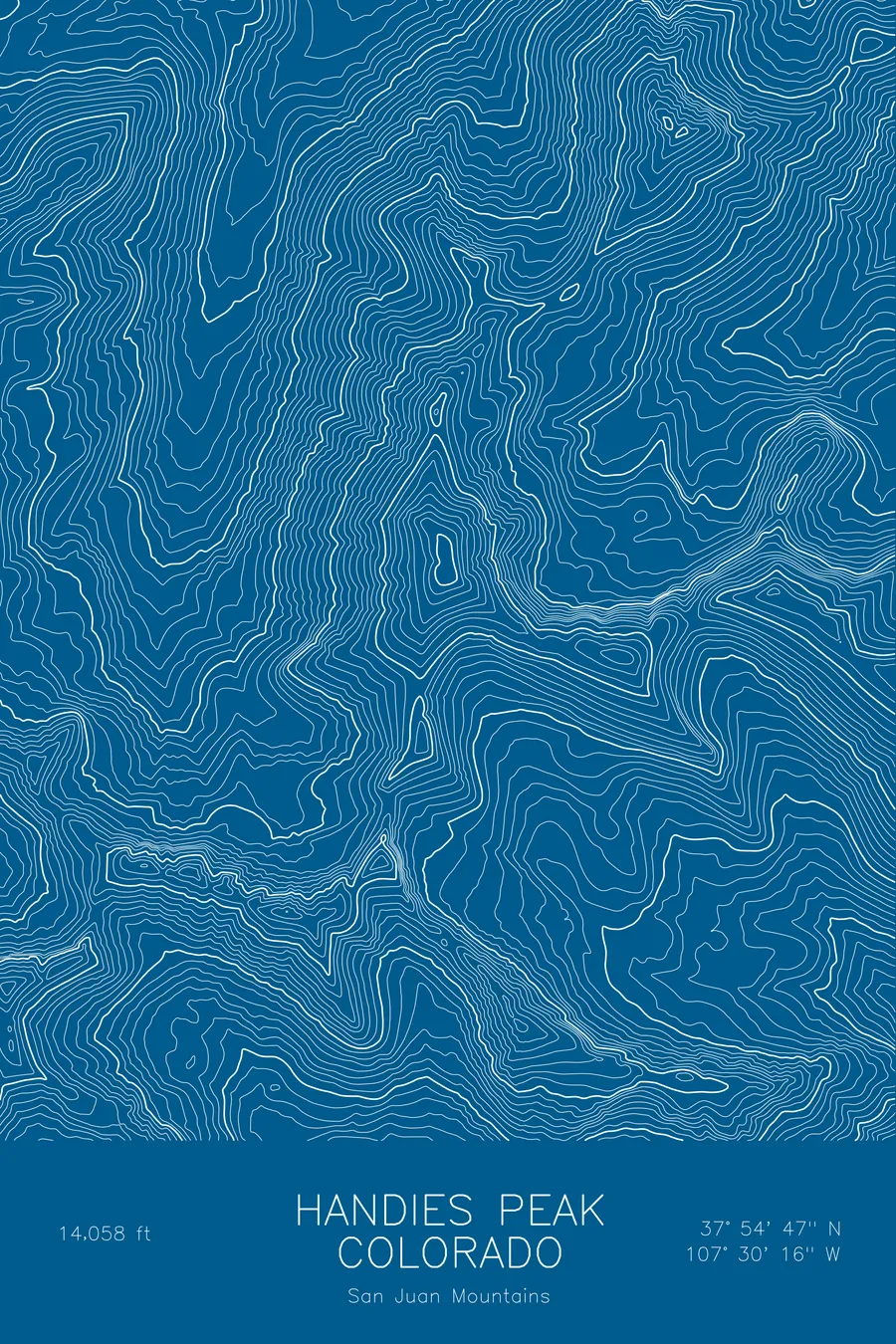 Pen-plotted topographic map of Handies Peak, Colorado in white ink on blue paper