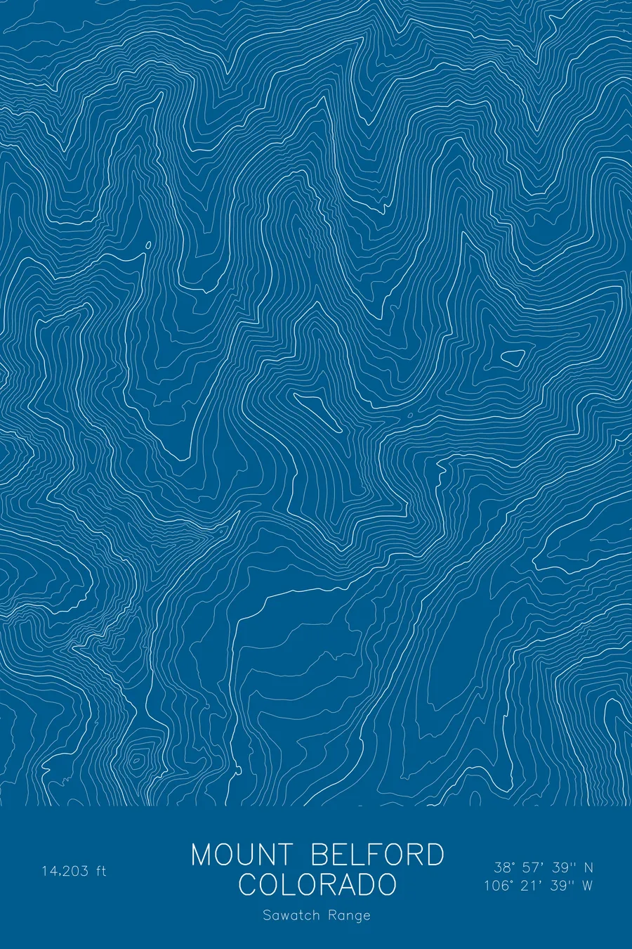 Pen-plotted topographic map of Mount Belford, Colorado in white ink on blue paper