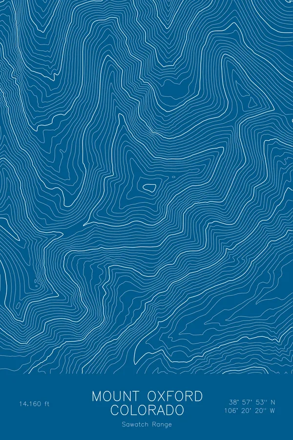 Pen-plotted topographic map of Mount Oxford, Colorado in white ink on blue paper