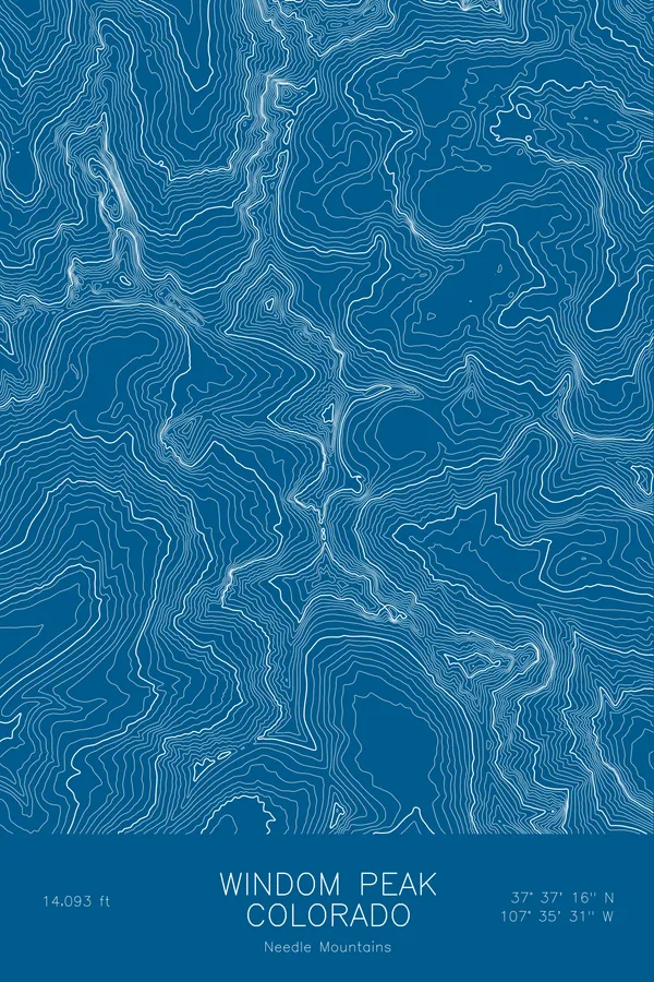 Pen-plotted topographic map of Windom Peak, Colorado in white ink on blue paper