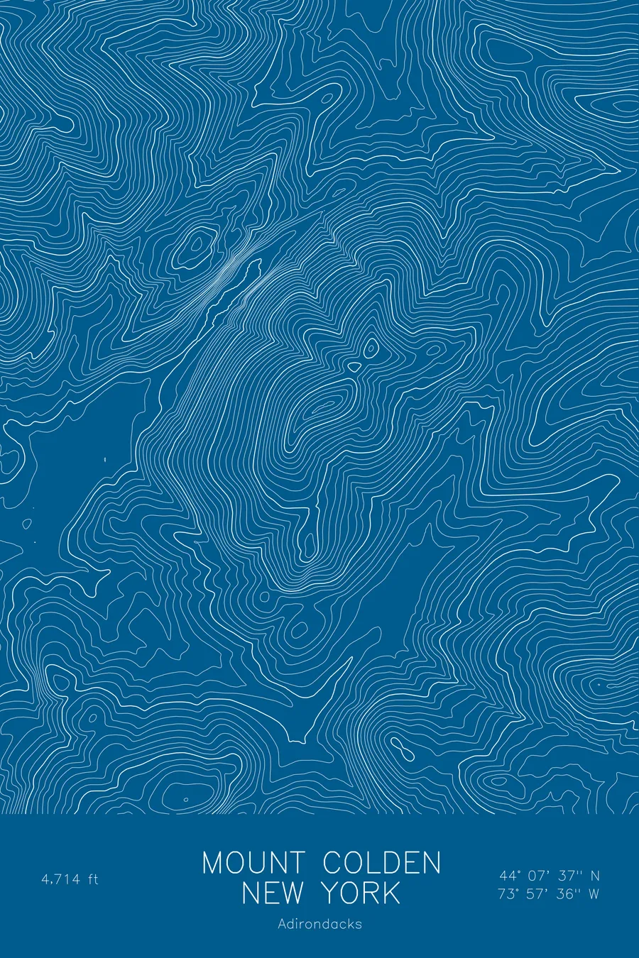 Pen-plotted topographic map of Mount Colden, New York in white ink on blue paper