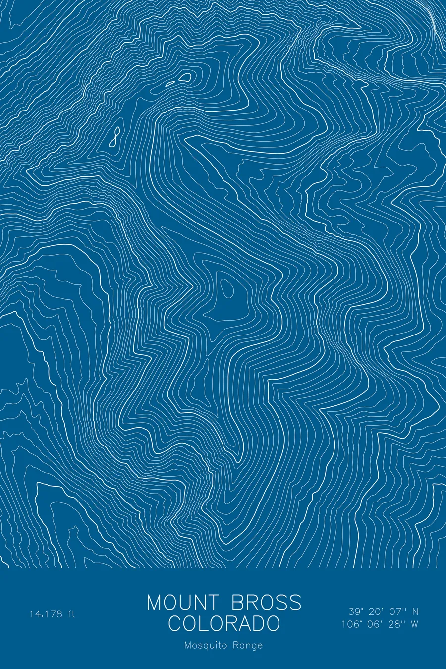 Pen-plotted topographic map of Mount Bross, Colorado in white ink on blue paper