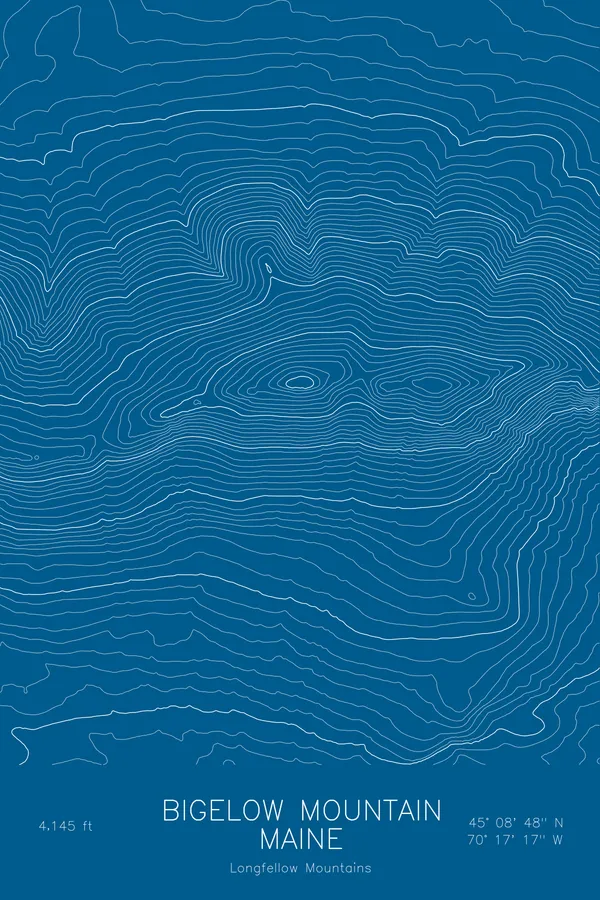Pen-plotted topographic map of Bigelow Mountain, Maine in white ink on blue paper