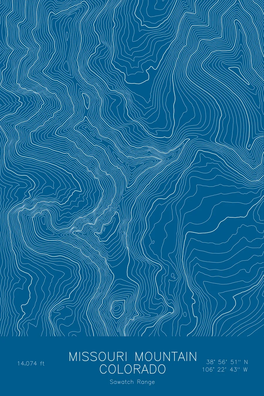 Pen-plotted topographic map of Missouri Mountain, Colorado in white ink on blue paper