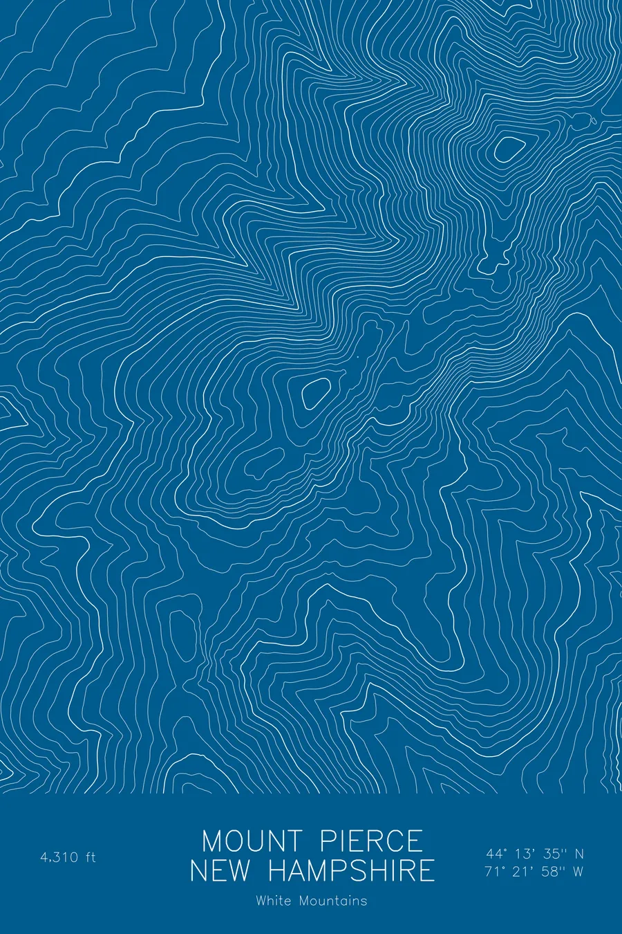 Pen-plotted topographic map of Mount Pierce, New Hampshire in white ink on blue paper