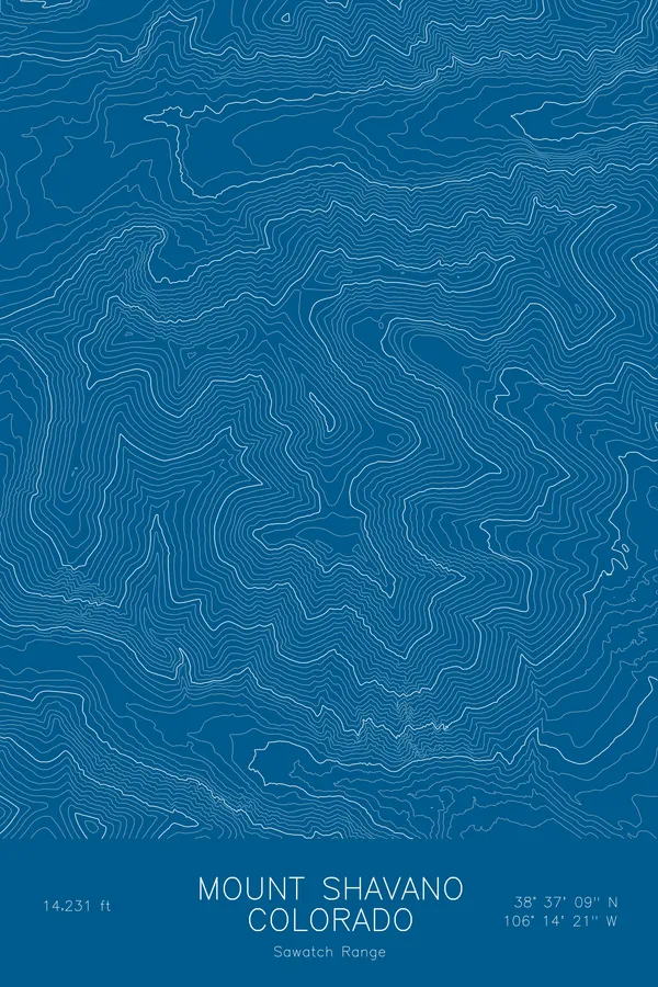 Pen-plotted topographic map of Mount Shavano, Colorado in white ink on blue paper