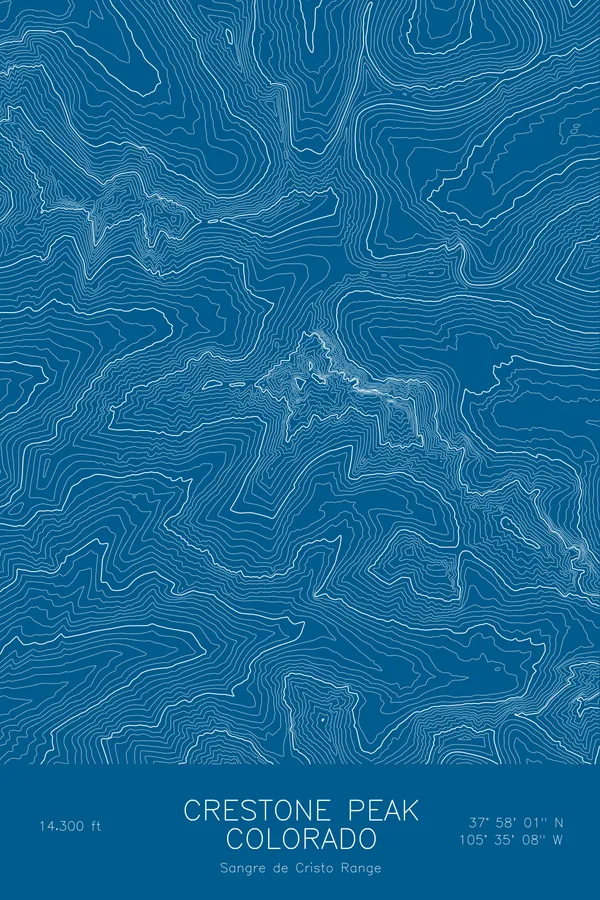 Pen-plotted topographic map of Crestone Peak, Colorado in white ink on blue paper