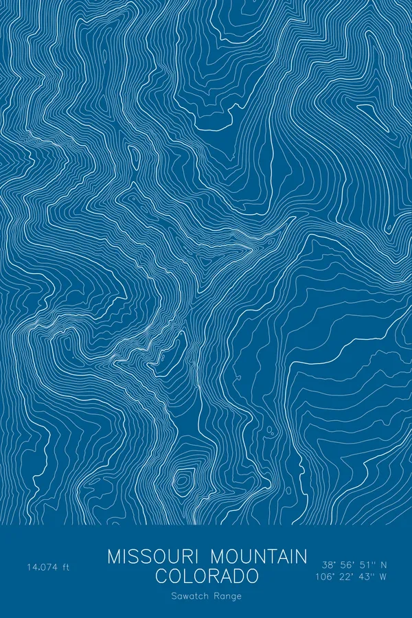 Pen-plotted topographic map of Missouri Mountain, Colorado in white ink on blue paper