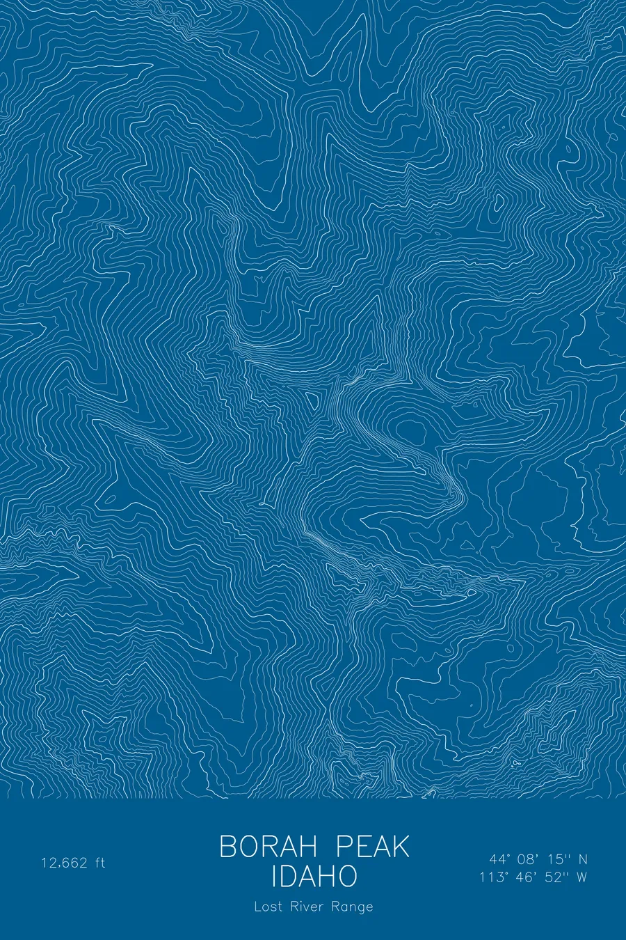 Pen-plotted topographic map of Borah Peak, Idaho in white ink on blue paper