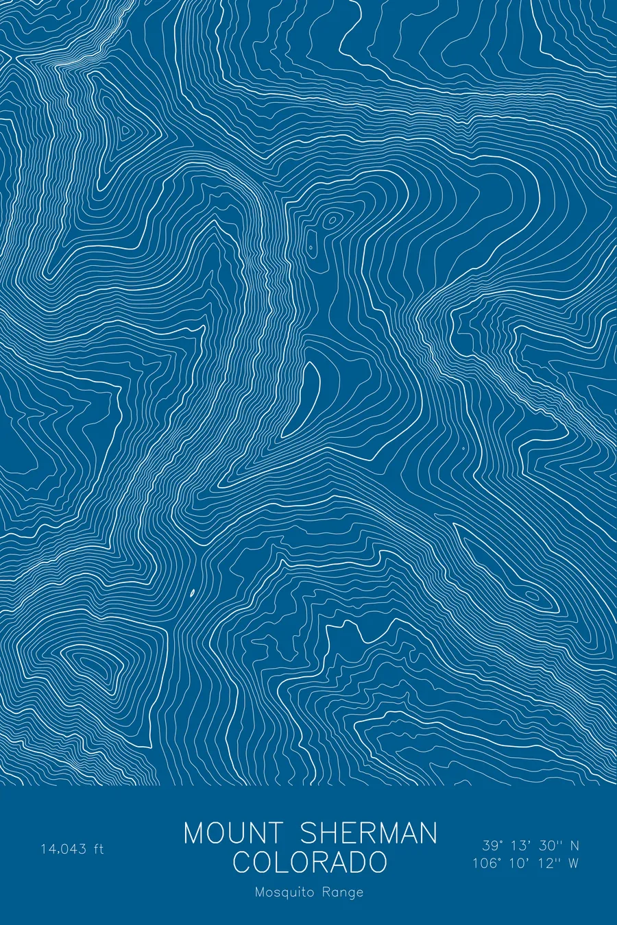 Pen-plotted topographic map of Mount Sherman, Colorado in white ink on blue paper