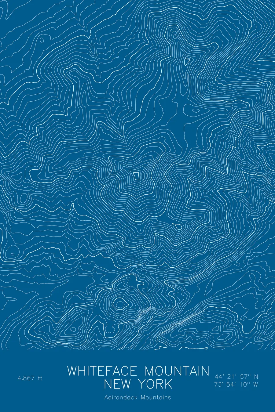 Pen-plotted topographic map of Whiteface Mountain, New York in white ink on blue paper