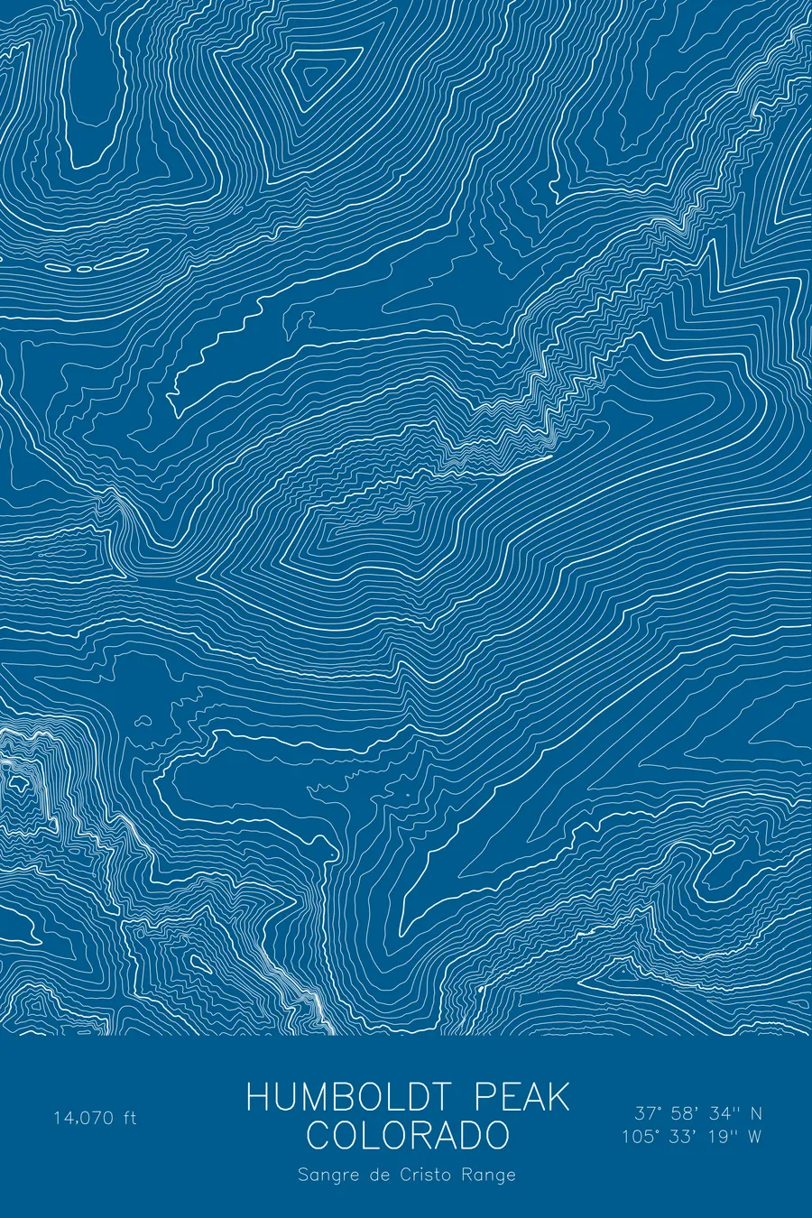 Pen-plotted topographic map of Humboldt Peak, Colorado in white ink on blue paper