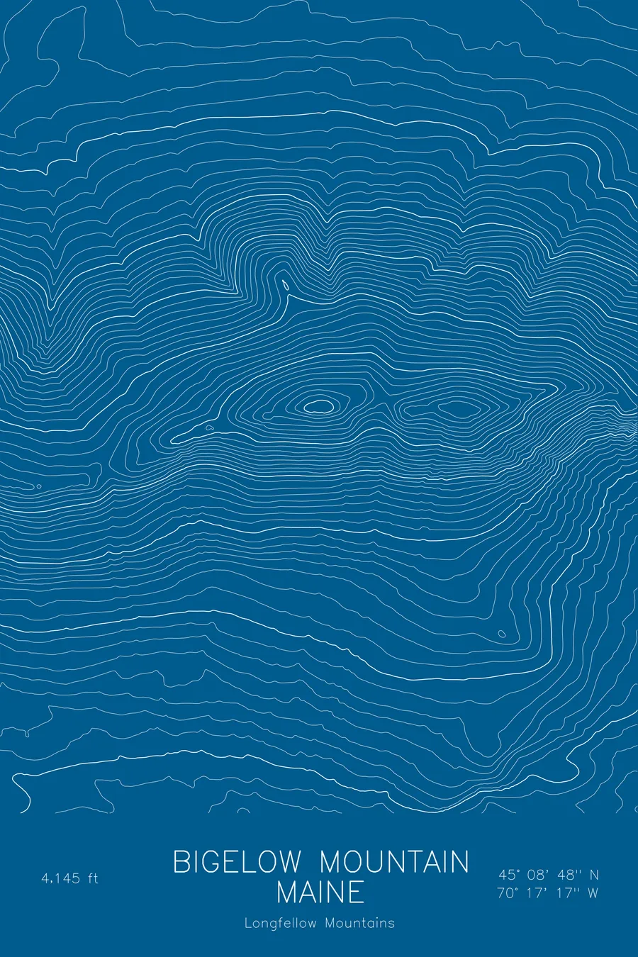 Pen-plotted topographic map of Bigelow Mountain, Maine in white ink on blue paper