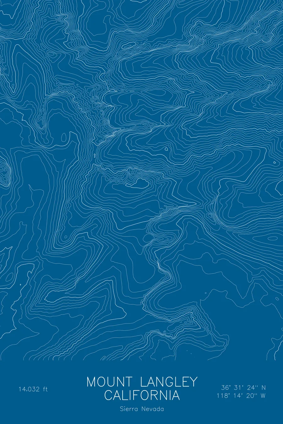 Pen-plotted topographic map of Mount Langley, California in white ink on blue paper