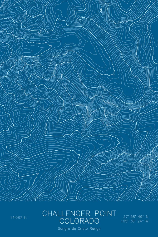 Pen-plotted topographic map of Challenger Point, Colorado in white ink on blue paper