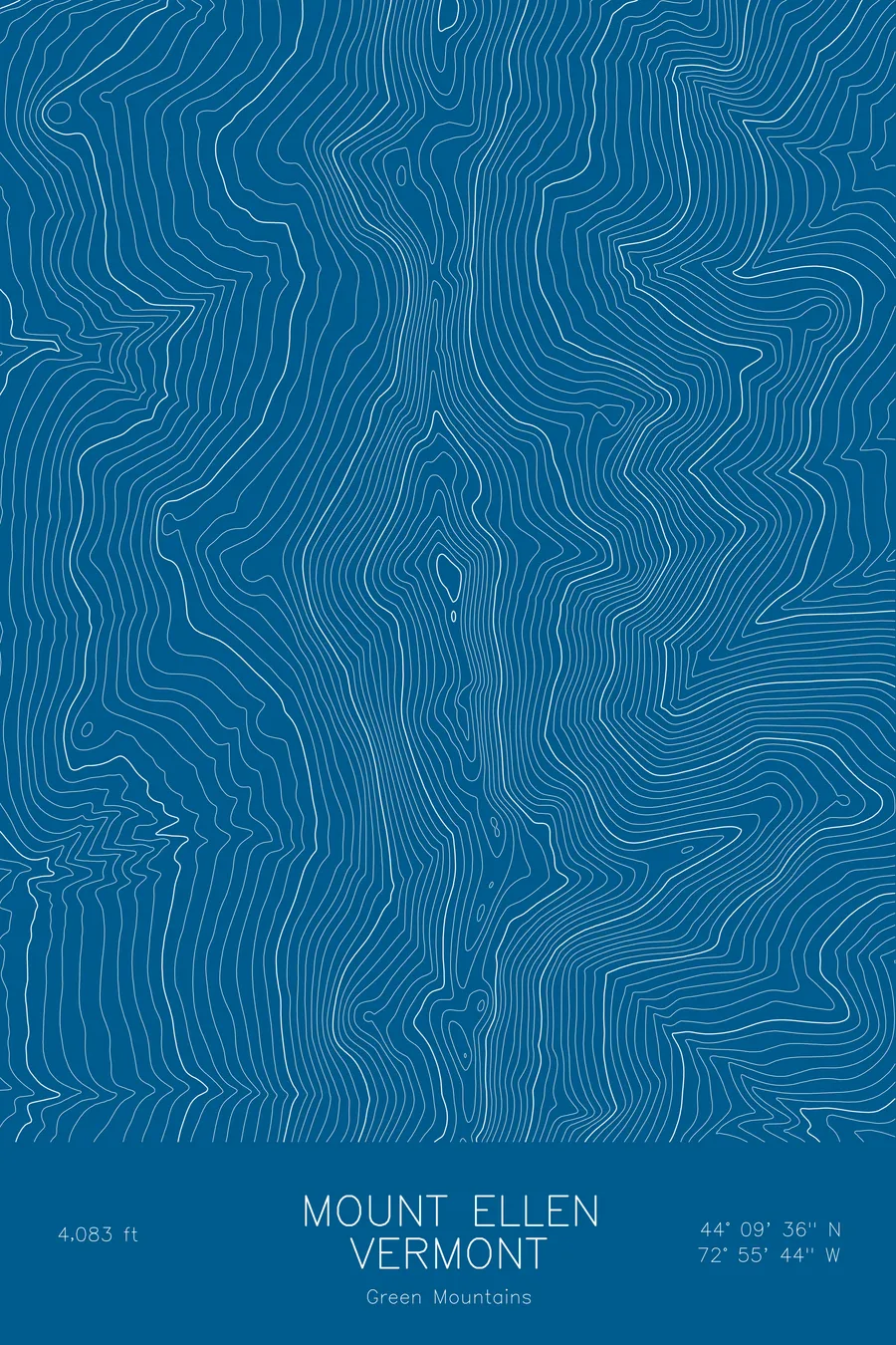 Pen-plotted topographic map of Mount Ellen, Vermont in white ink on blue paper