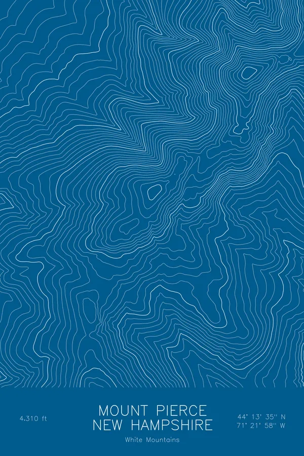 Pen-plotted topographic map of Mount Pierce, New Hampshire in white ink on blue paper