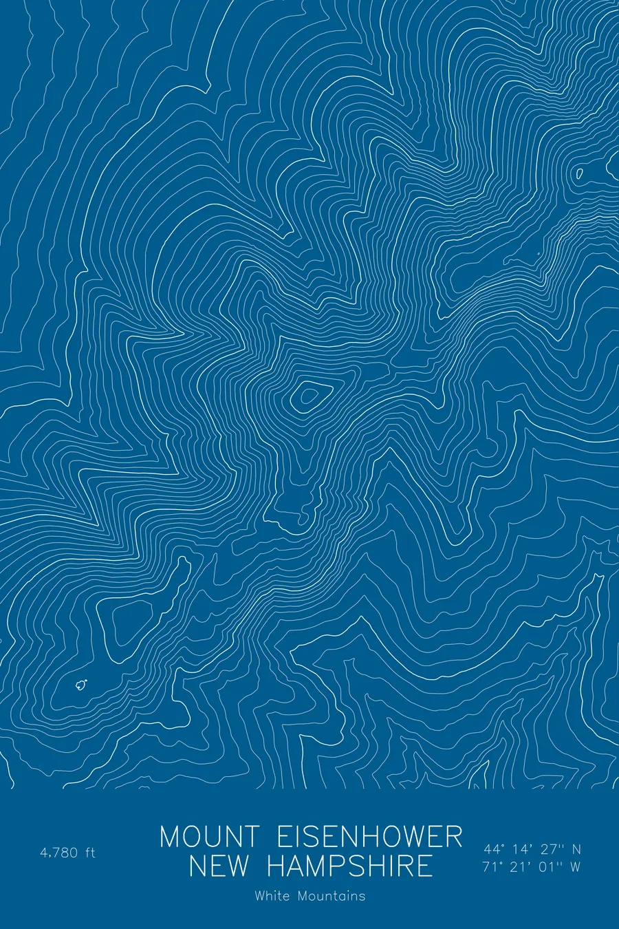 Pen-plotted topographic map of Mount Eisenhower, New Hampshire in white ink on blue paper