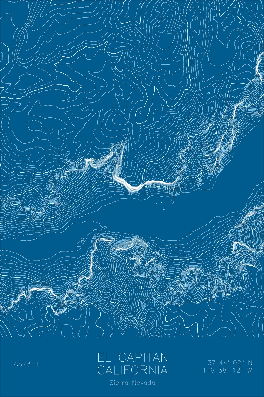 Pen-plotted topographic map of El Capitan, California in white ink on blue paper