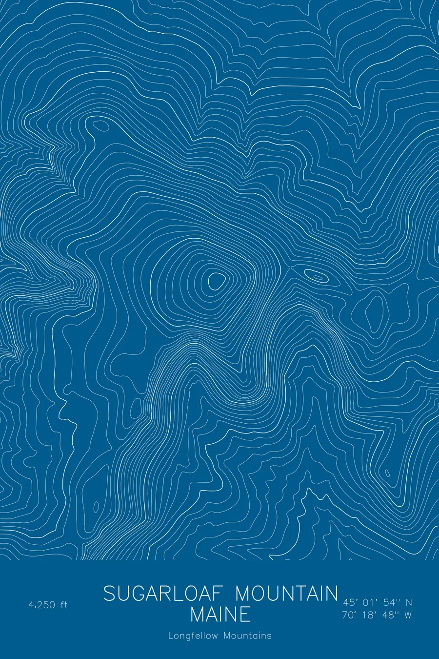 Pen-plotted topographic map of Sugarloaf Mountain, Maine in white ink on blue paper