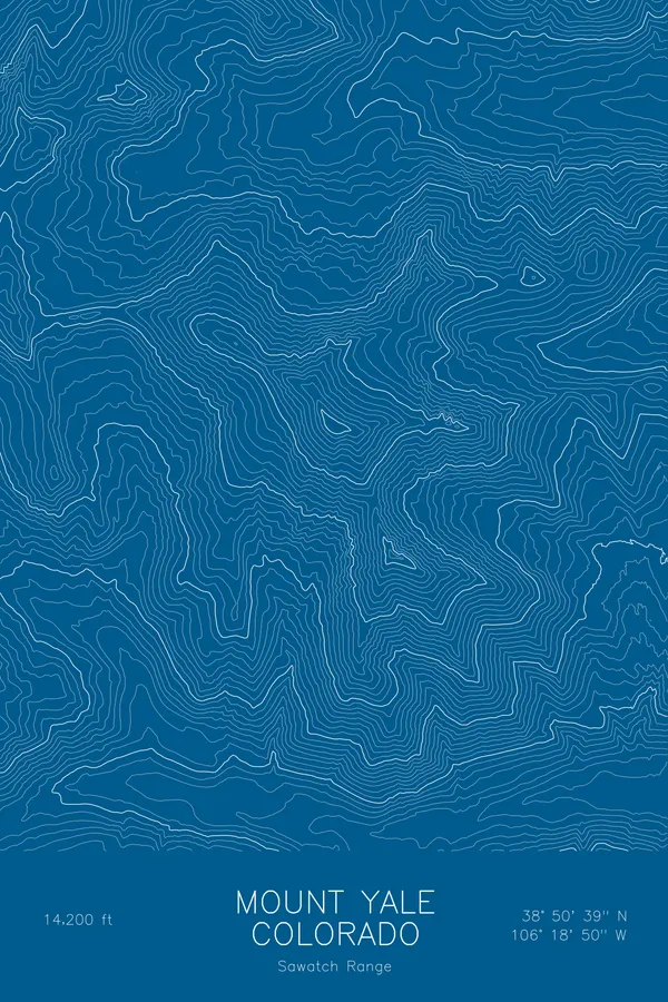 Pen-plotted topographic map of Mount Yale, Colorado in white ink on blue paper