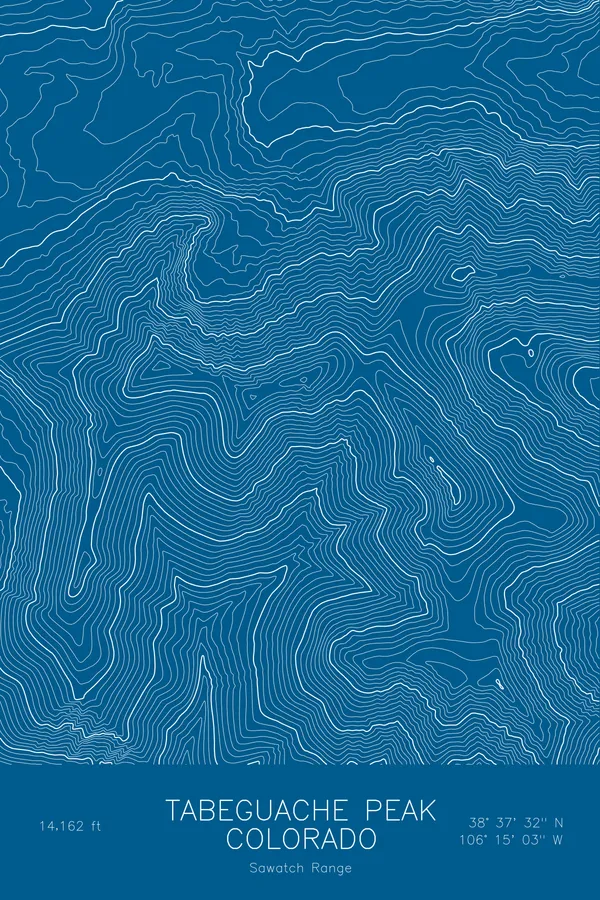 Pen-plotted topographic map of Tabeguache Peak, Colorado in white ink on blue paper