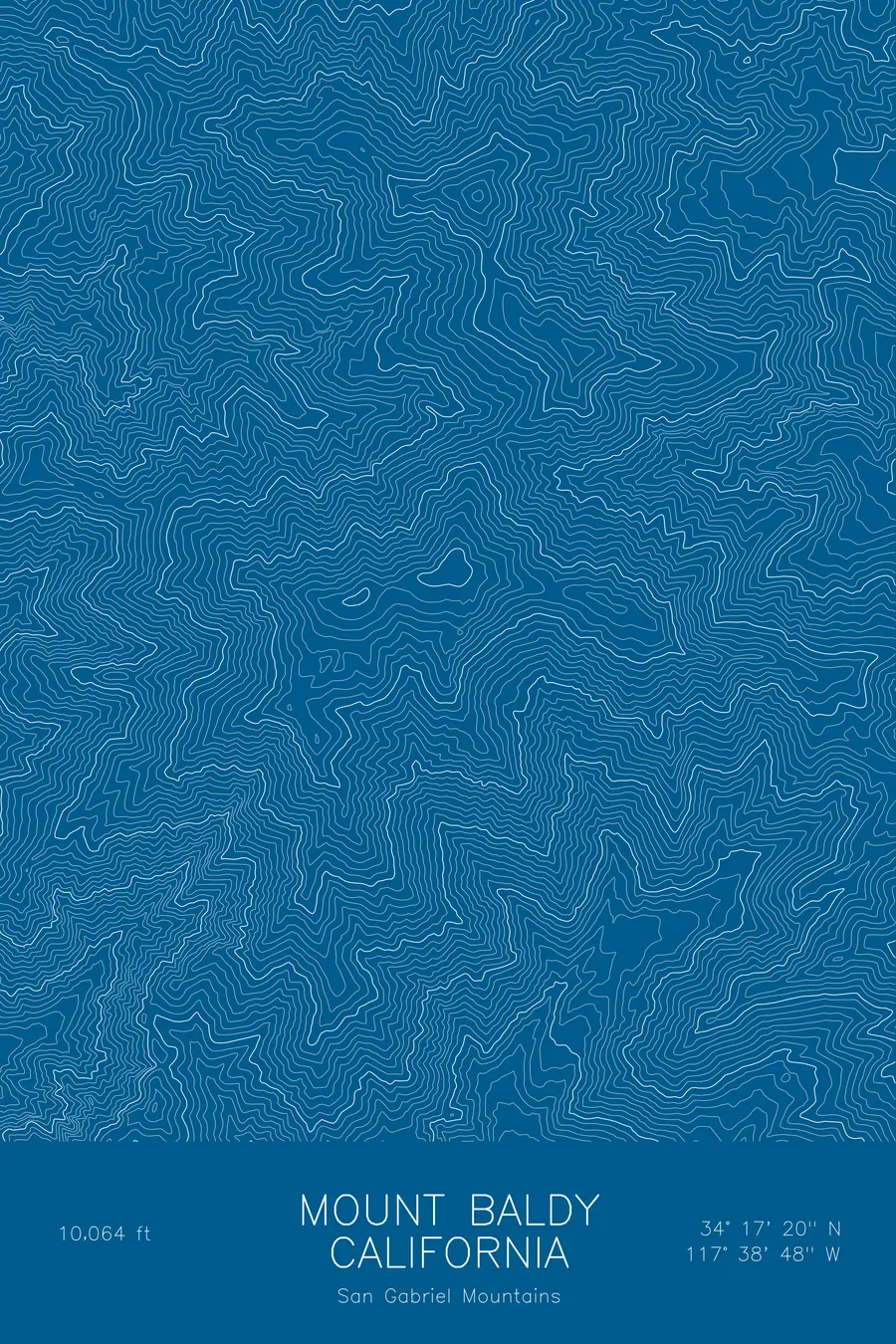 Pen-plotted topographic map of Mount Baldy, California in white ink on blue paper