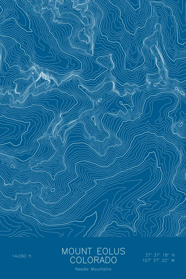 Pen-plotted topographic map of Mount Eolus, Colorado in white ink on blue paper