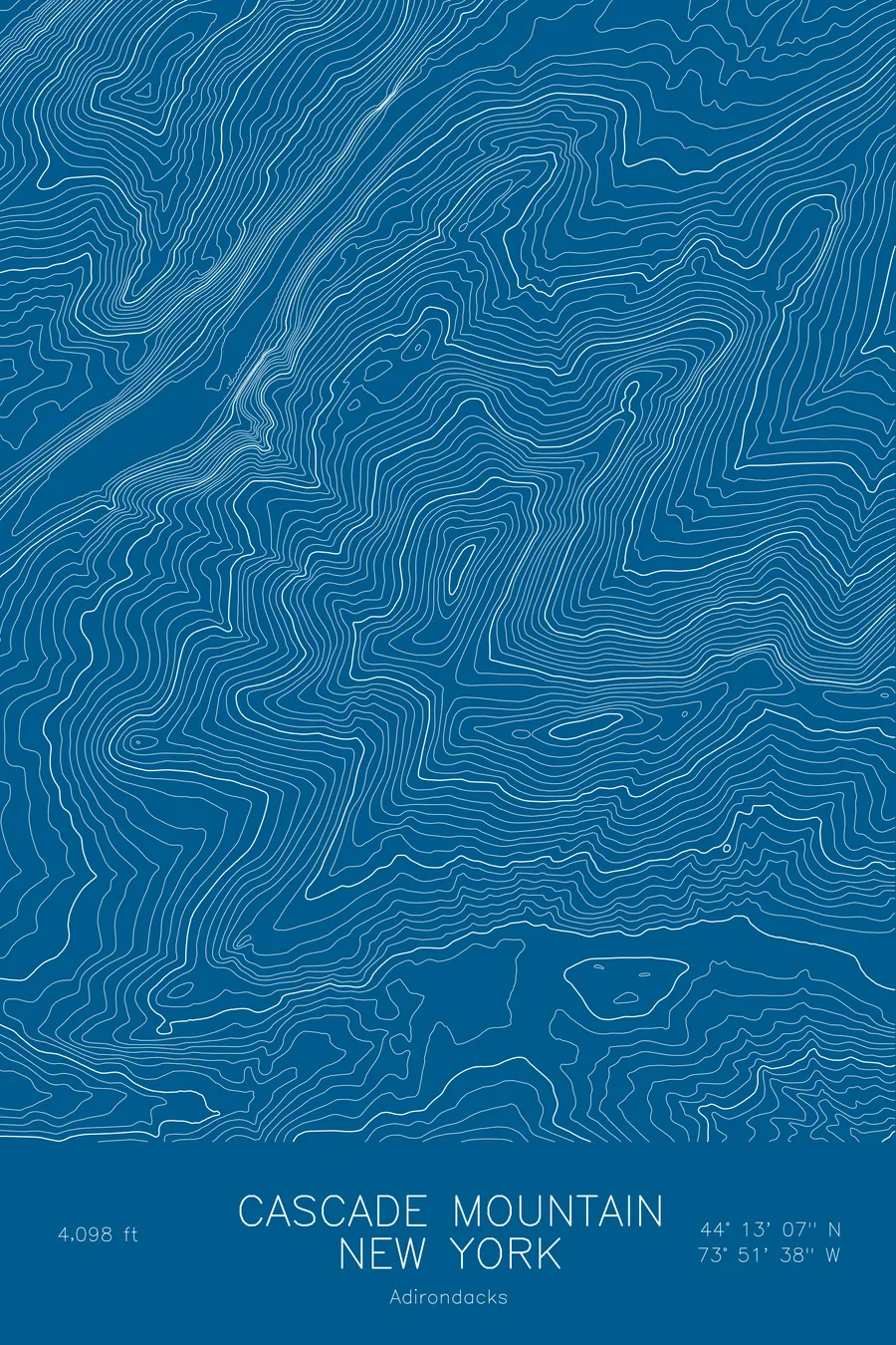 Pen-plotted topographic map of Cascade Mountain, New York in white ink on blue paper