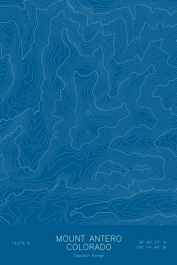 Pen-plotted topographic map of Mount Antero, Colorado in white ink on blue paper