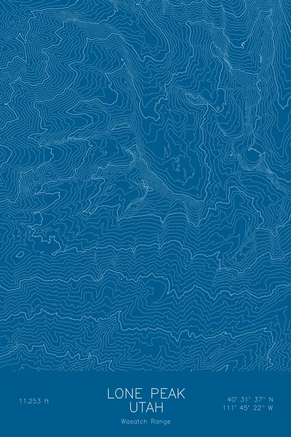 Pen-plotted topographic map of Lone Peak, Utah in white ink on blue paper
