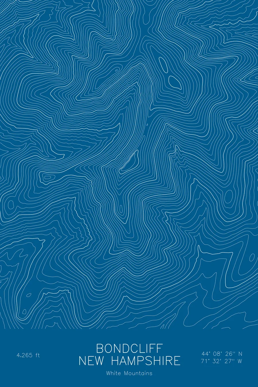 Pen-plotted topographic map of Bondcliff, New Hampshire in white ink on blue paper