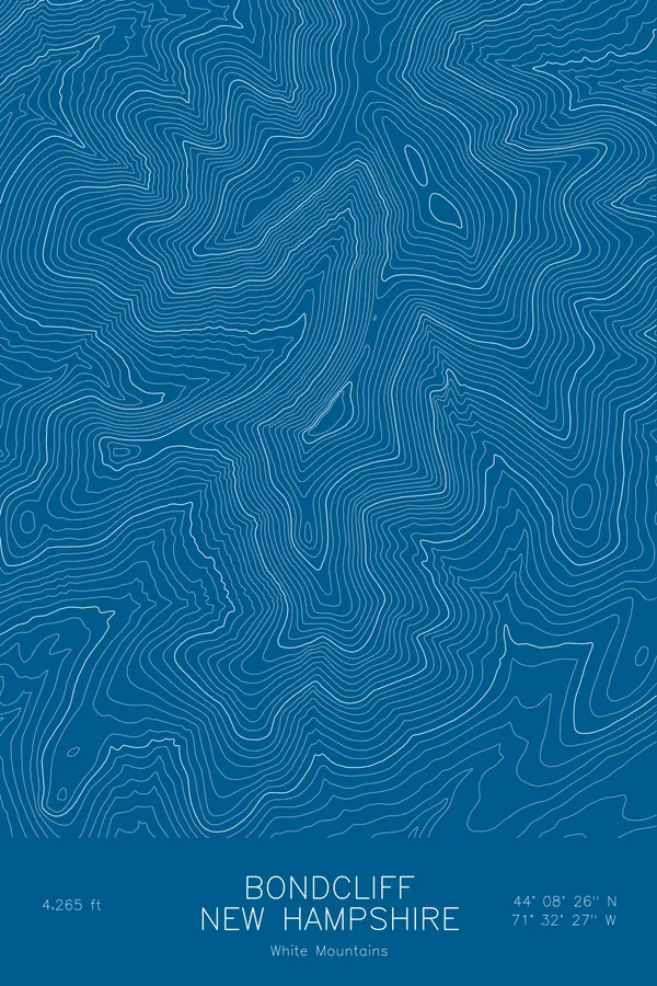 Pen-plotted topographic map of Bondcliff, New Hampshire in white ink on blue paper