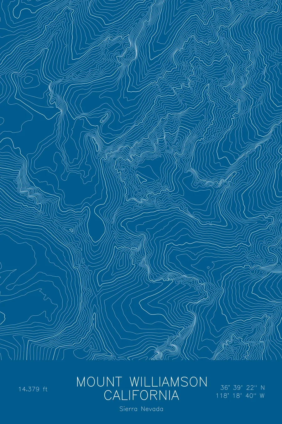Pen-plotted topographic map of Mount Williamson, California in white ink on blue paper