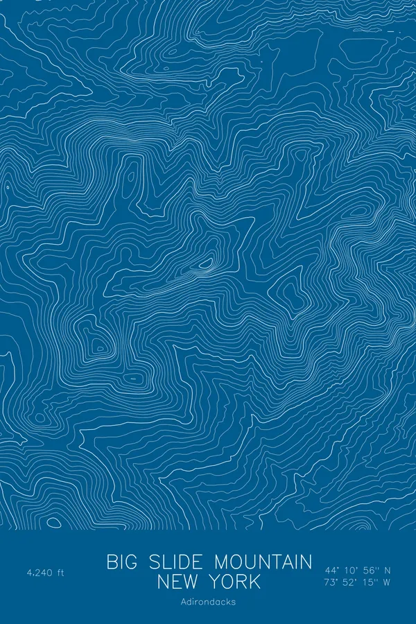 Pen-plotted topographic map of Big Slide Mountain, New York in white ink on blue paper