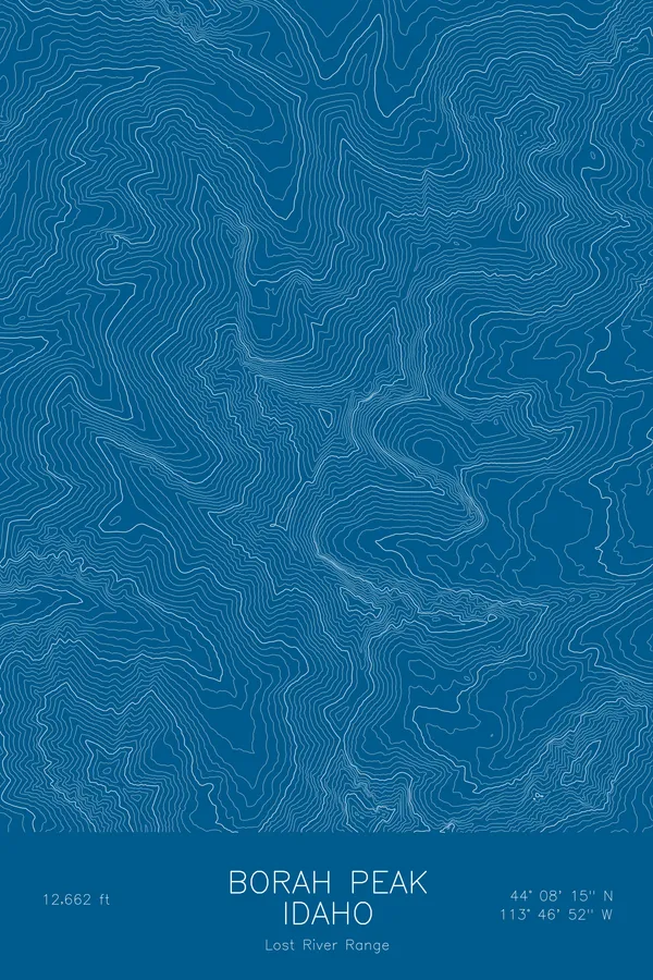 Pen-plotted topographic map of Borah Peak, Idaho in white ink on blue paper