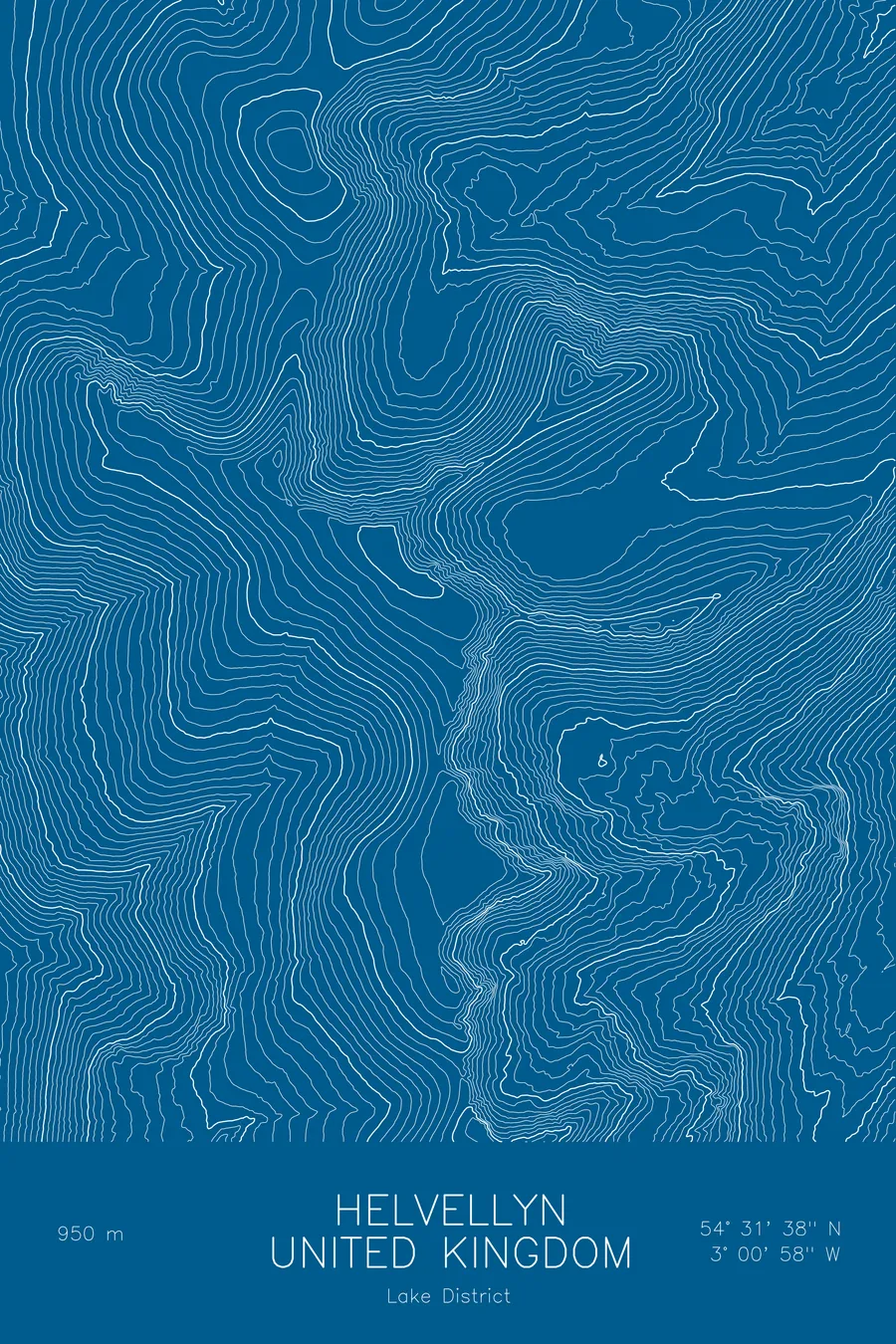 Pen-plotted topographic map of Helvellyn, United Kingdom in white ink on blue paper
