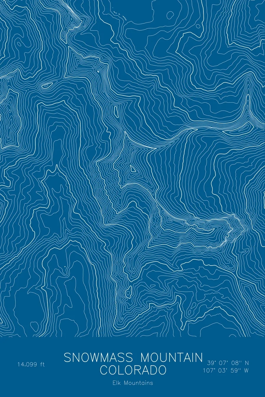 Pen-plotted topographic map of Snowmass Mountain, Colorado in white ink on blue paper