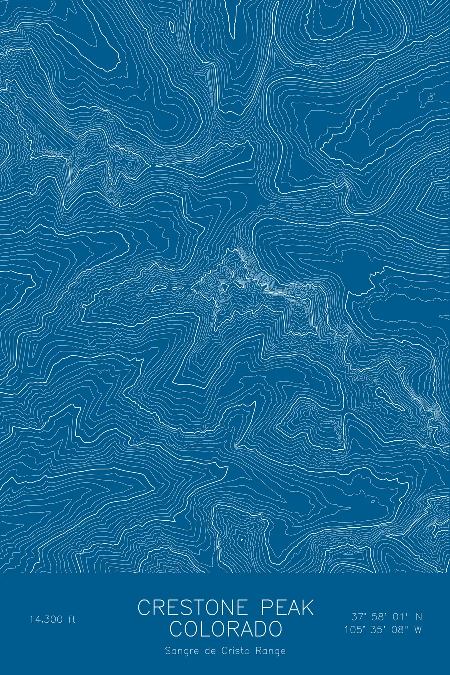 Pen-plotted topographic map of Crestone Peak, Colorado in white ink on blue paper