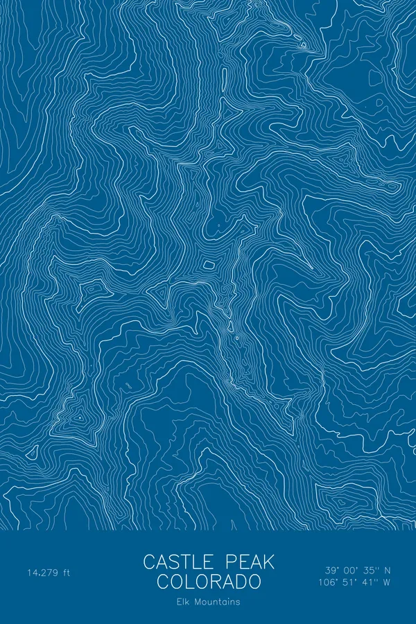 Pen-plotted topographic map of Castle Peak, Colorado in white ink on blue paper